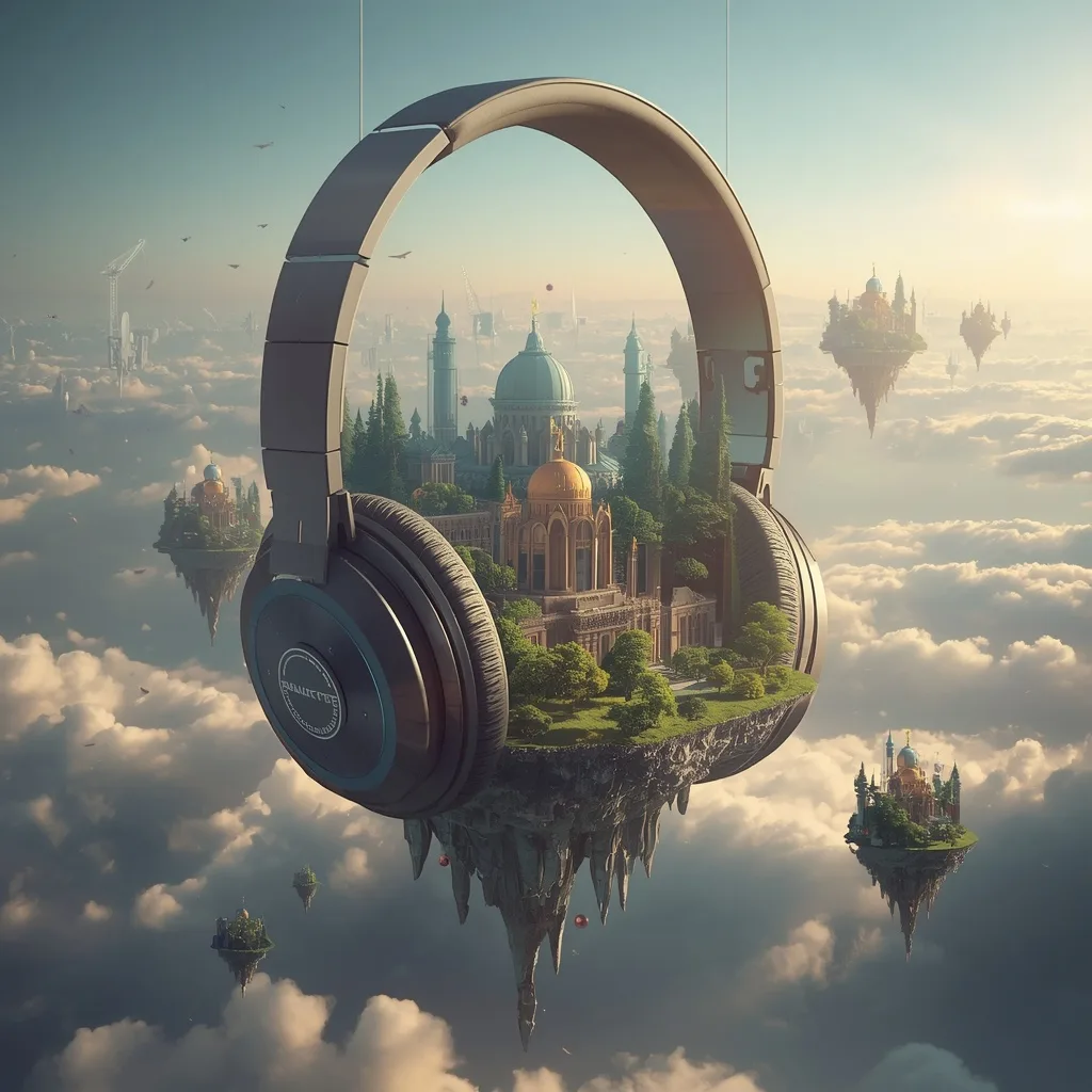 Floating Luxury Headphone World Generating Musical Floating Continents – intricate mandala ai prompts – AI generated example