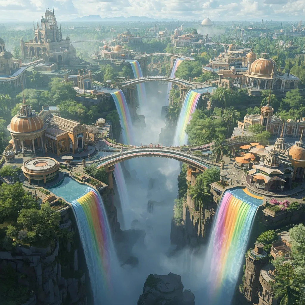 Floating Luxury Marketplace Built Across Endless Rainbow Waterfalls Network – intricate mandala ai prompts – AI generated example