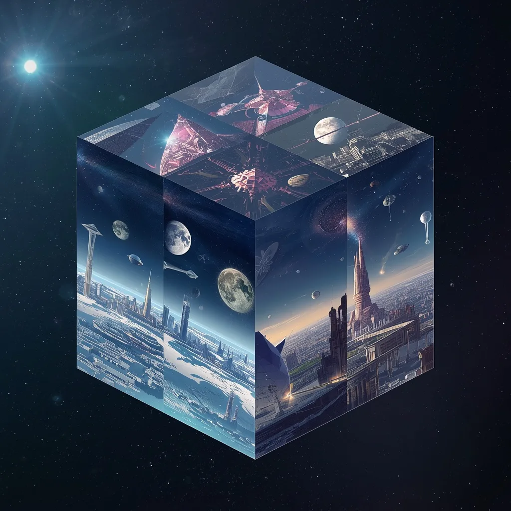Floating Luxury Mirror Cube Universe Reflecting Infinite Alternate Civilizations – intricate mandala ai prompts – AI generated example