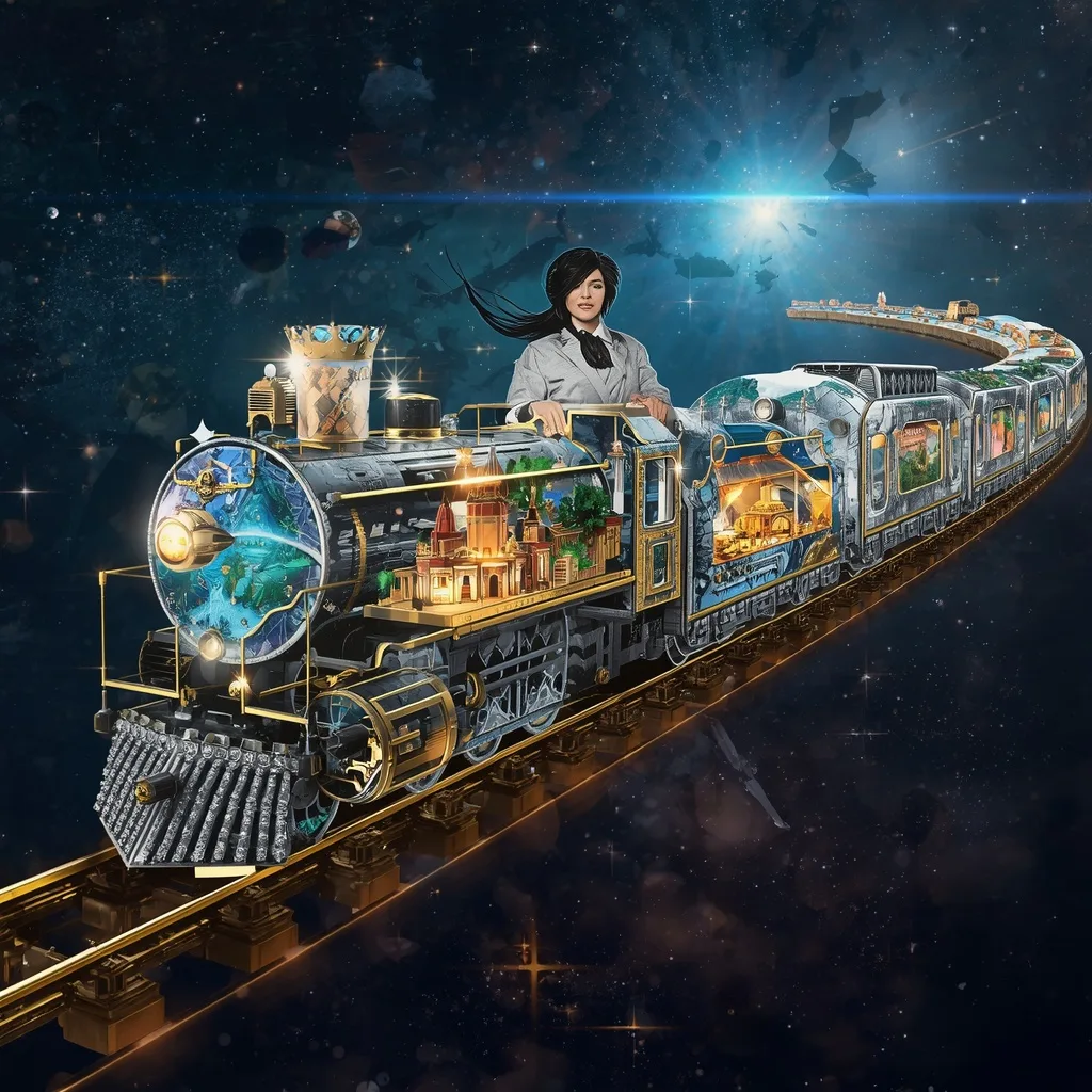 Giant Luxury Diamond Crown Train Traveling Through Celestial Dimensions – intricate mandala ai prompts – AI generated example