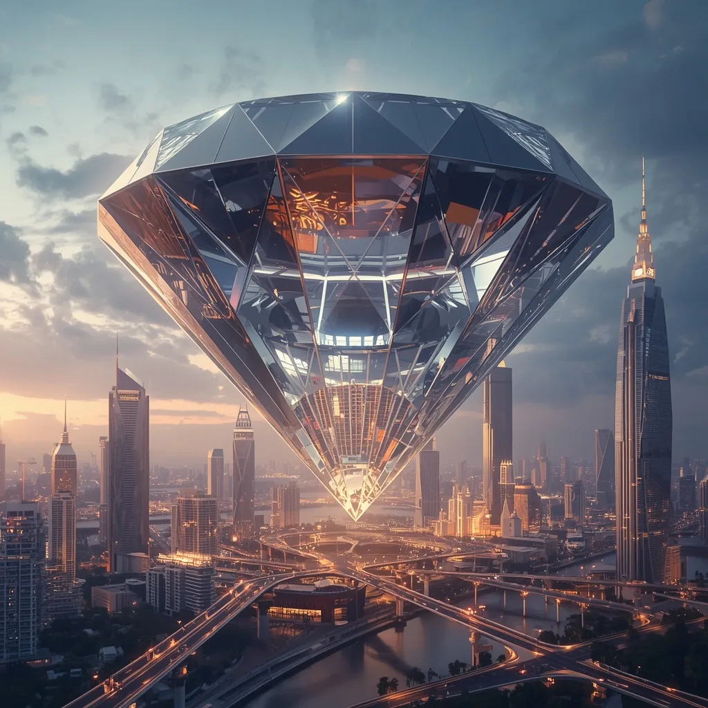 Luxury Culinary Metropolis Suspended Beneath Massive Floating Diamond Design – intricate mandala ai prompts – AI generated example